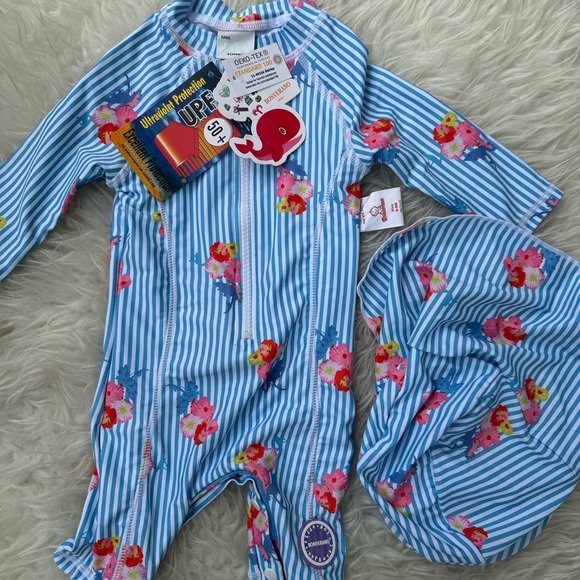 Blue Striped Kids One Piece with Floral Design - Picture 3 of 5
